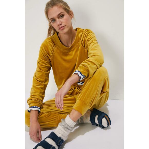 Anthropologie Saturday sunday size S Kamira velour yellow sweatshirt rouched - Picture 1 of 9